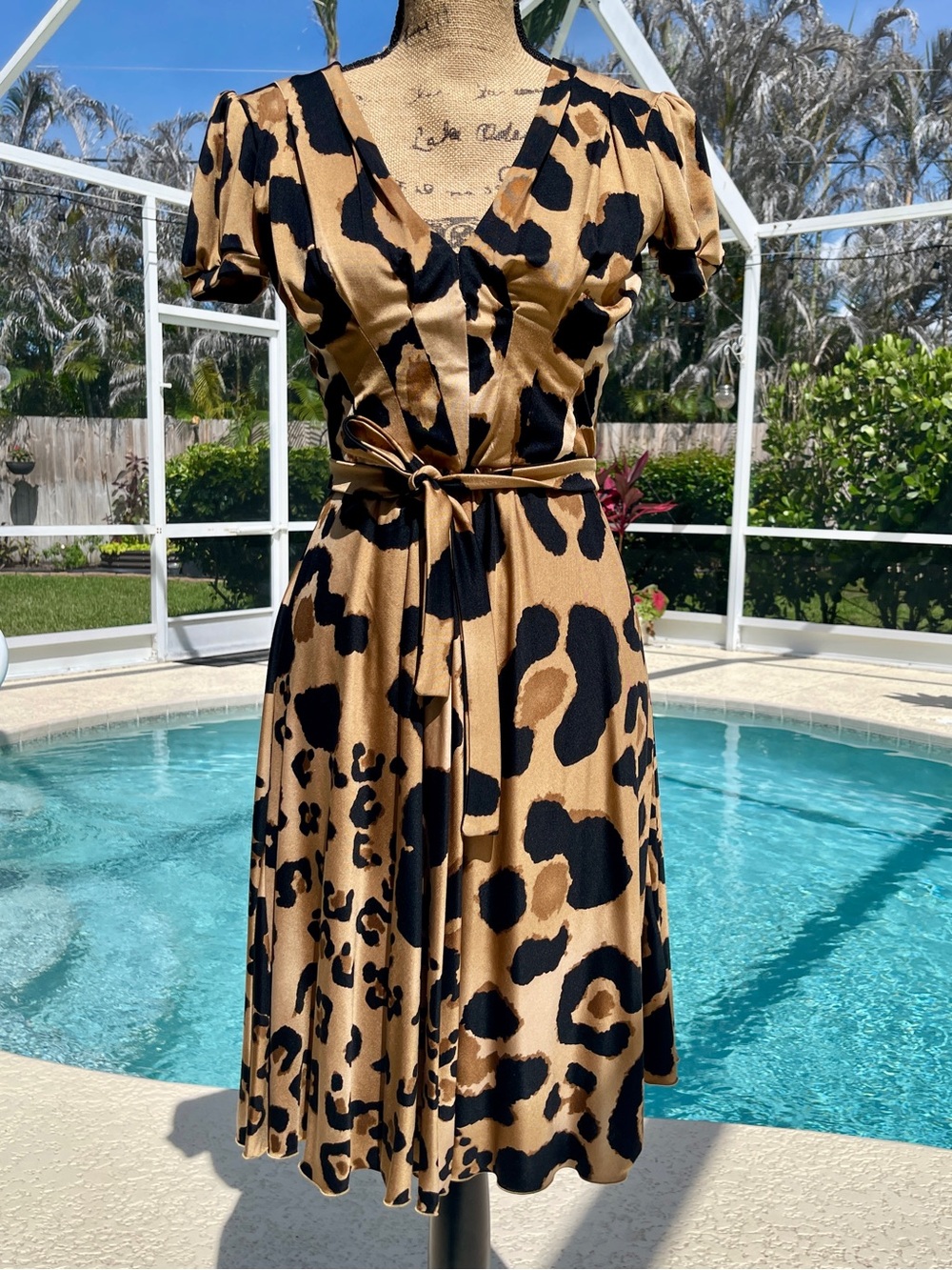 Blumarine Tan and Black Leopard-Print Midi Wrap Dress